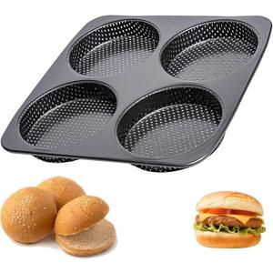 Hamburger Bun Pan, 5 Inch Perforated Non-Stick Carbon Steel Hamburger Mold, Jumbo Round Baking Pan for Homemade Hamburger Buns Meat Pie Bread Mini Pizza