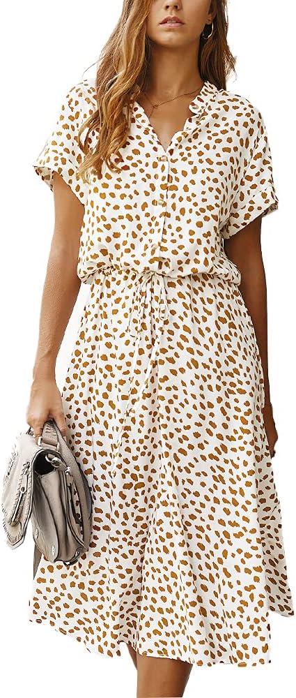 BROVAVE Women's Summer Polka Dot Print Shirt Dress Vintage Short Sleeve Button Down Midi Dress (X-Large, White)