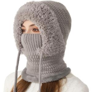 Women's Outdoors Windproof Scarf Hat, 3 in 1 Winter Balaclava for Women, Warm Knitted Face Mask Hat Cap ScarfGray