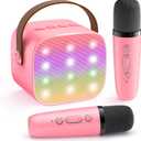Mini Karaoke Machine for Kids Adults, Portable Speaker with 2 Wireless Microphones, 2025 Top Christmas Toys Birthday Gifts for Girls 3, 4, 5, 6, 7, 8, 9, 10, 12+ Years Old Toddler Grandkids (Rose)