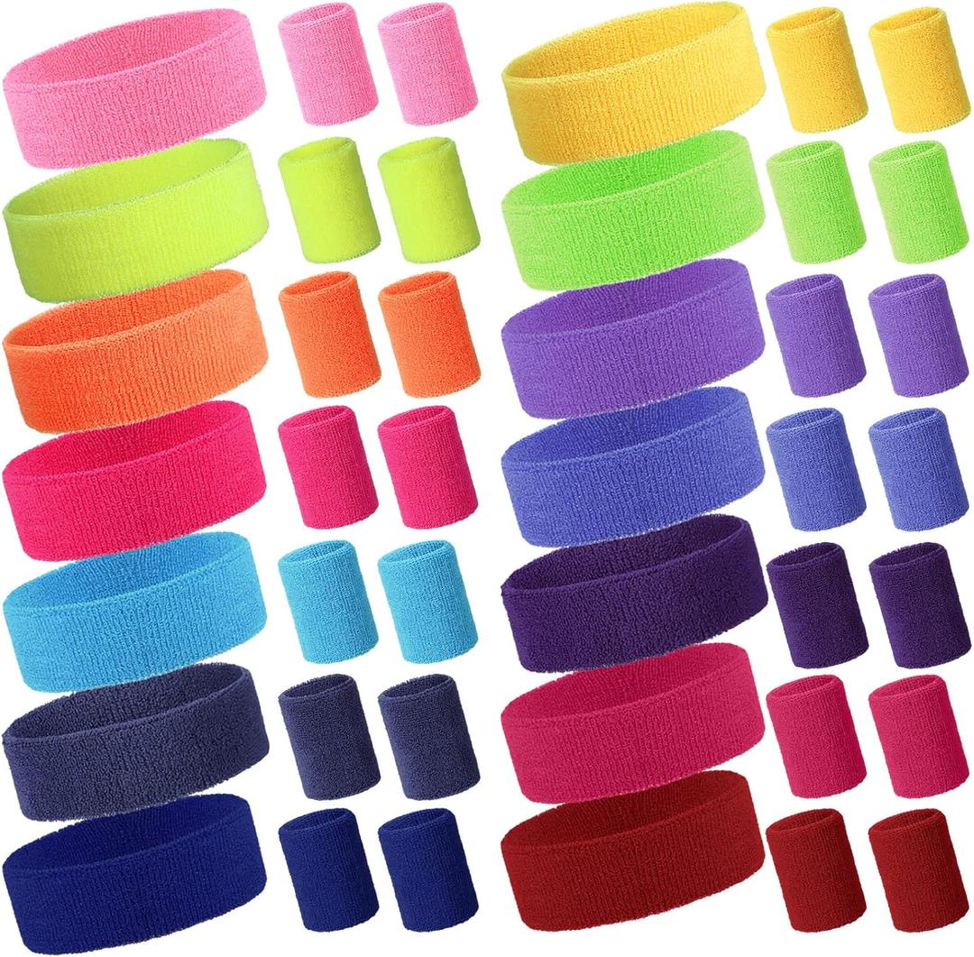 42 Pcs Neon Headbands Sweatband Set Include 14 Sports Headbands and 28 Sweat Wristbands Bulk for Tennis Basketball Outdoor Athletic Men Women (Multi Colors)