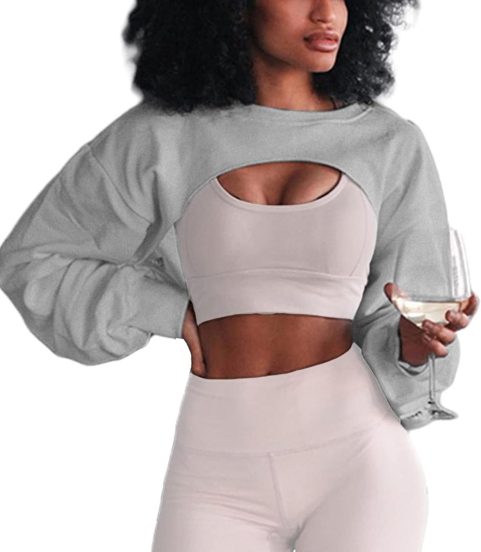 LovelyWholesale Womens Crewneck Cropped Sweatshirt Long Sleeve Super Crop Top Workout Gym Aesthetic Grey Large (L)