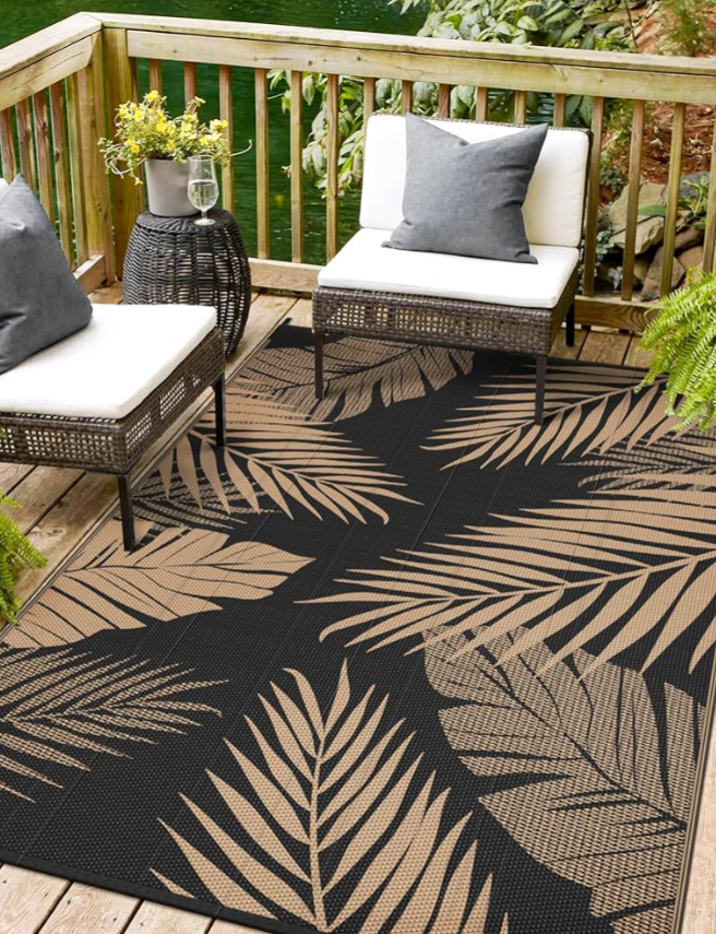 Outdoor Rug 9’x12’ Waterproof for Patio Clearance, Reversible Indoor Outdoor Plastic Straw Camping Rug Carpet, RV Mat, Large Area Rug for Deck, Backyard, Balcony, Porch, Beach, Black & Brown