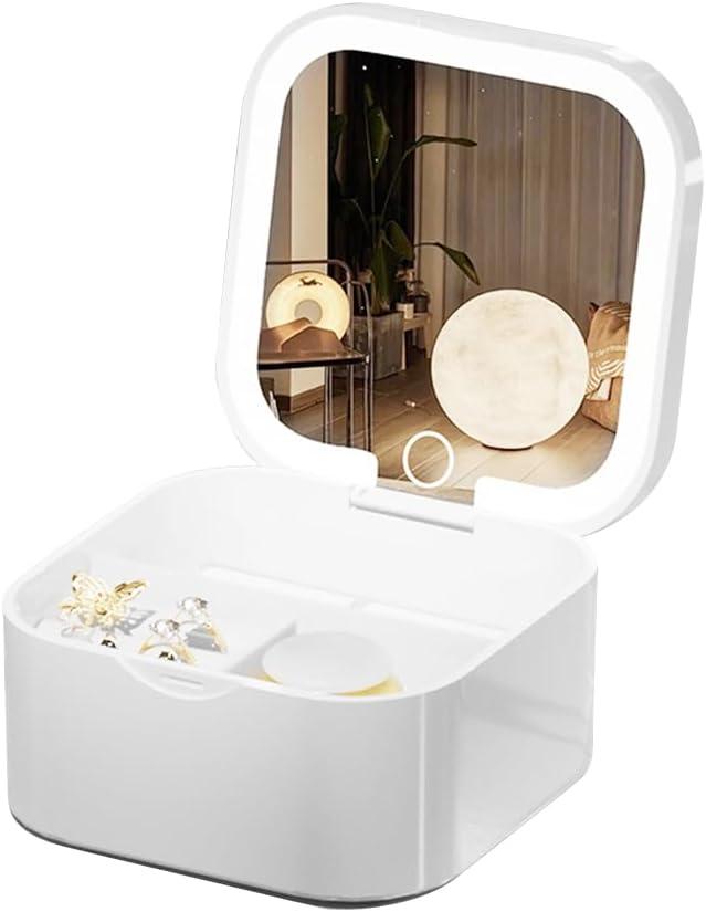 Portable Jewelry Box with LED Mirror, White, 3.5 x 3.5 x 1.8 inches, Travel Size Organizer