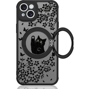 Cute Case for iPhone 15 Case with Stand [ Compatible with MagSafe ] Kawaii Black Cat & Floral & Butterflies Pattern Design 360 Magnetic Ring Kickstand Phone Cover for Women Girls Boys