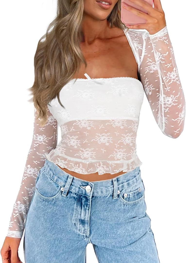 CSDAJIO Women's Going Out Tops Lace Long Sleeve Square Neck Crop Top Shirt Strapless Tube Top and Bolero Set (White, M)