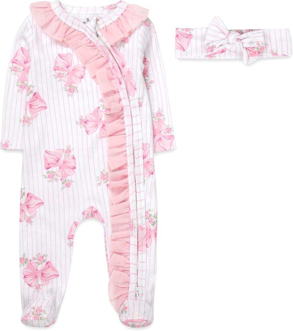 Baby Footie Bodysuit Headband or Hat 2 Piece Set  Christmas Thanksgiving Zip-Up Outfit,Holiday Pajamas for Infants (3 Months, Pink Bows Floral)