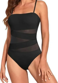 Tempt Me Women Black Strapless Bandeau One Piece Swimsuits Sexy Mesh Cutout Bathing Suits Tummy Control Swimwear  XL Black