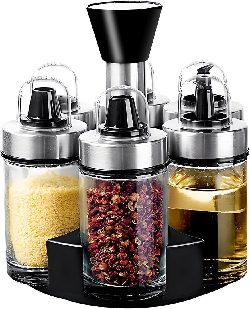 Mlici Oil and Vinegar Dispenser Set of 6 Bottles, Stainless Steel Salt Pepper Holder with 360 Rotating Holder, Cruet Soy Sauce - Premium Glass Condiment for Kitchen, Tabletop, Kitchen Containers