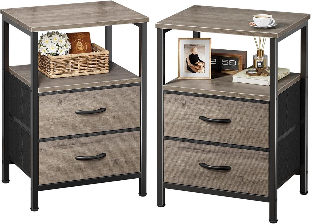 Huuger Night Stand with 2 Drawers, Bed Side Table with Open Shelf, Wooden Top, Nightstand for Bedroom, End Table for Small Space, Fabric Drawer