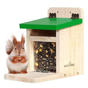 MIXXIDEA Squirrel Feeders for Outside Garden, Wooden Squirrel Feeder Box,Squirrel Feeding Stations with Green Cover, Easy to Fill Squirrel Feeding House(Green-1pk)