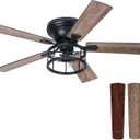52 Inch Flush Mount Farmhouse Rustic Ceiling Fan with Light and Remote, Reversible AC Motor, 5 Dual Finish Blades, Industrial Low Profile Black Ceiling Fan light for Bedroom Living room Home