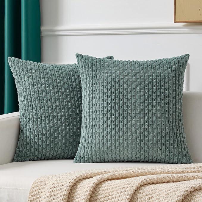 Kevin Textile Decorative Pillow Covers Set of 2 Striped Plush Corduroy Pillows Pillowcases Boho Home Decor Cushion Covers for Couch Sofa Bed Living Room 18x18 Inch, Teal Green