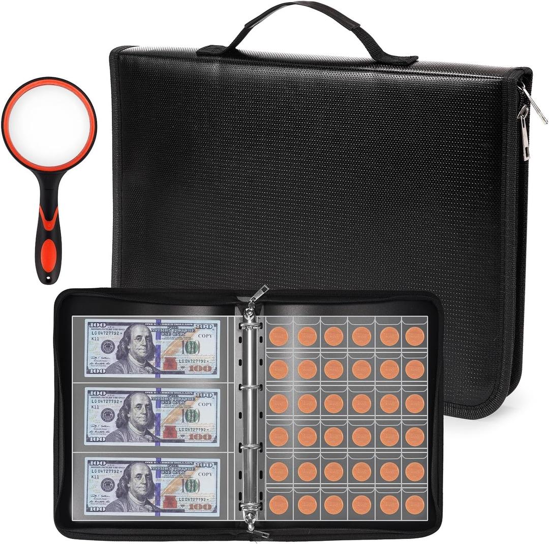 Coin Collection Book Holder for Collectors, 300 Pockets Fireproof Coins Collecting Album & 36 Sleeves Money Storage Case for Coin Currency Collection Supplies, Bill, Pennies, Quarters, Stamp
