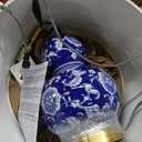 JONATHAN Y 27" Blue/White Ceramic Chinoiserie Table Lamp, Traditional Floral Double Gourd Vase Lamp with White Linen Drum Shade, Brass Gold Base, LED Bulb Included JYL3003A