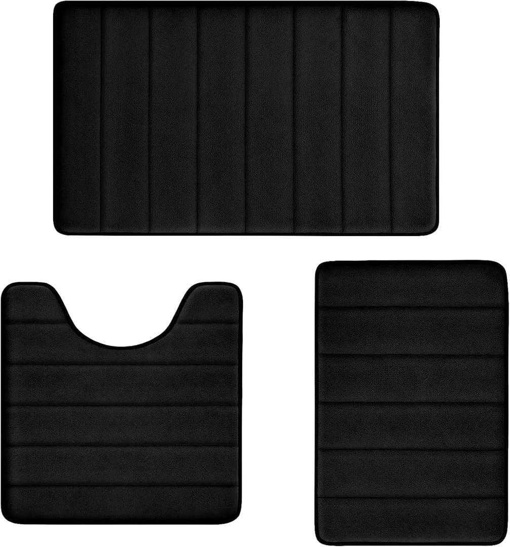 Bathroom Rugs Set Memory Foam Bath Rugs Non-Slip Bath Mat Set 3 Piece,Washable Bathroom Mats,Absorbent Shaggy Rugs Super Soft U-Shaped Toilet Rug,Bahroom Carpets for Bathroom,Tub,Shower Black