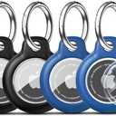 RFUNGUANGO Apple AirTag Holder with Key Ring 4 Pack AirTag Case, Hard Protective AirTag Case for Kid, Pet, Luggage, Backpack, Key - (Black-2P,Blue-2P)