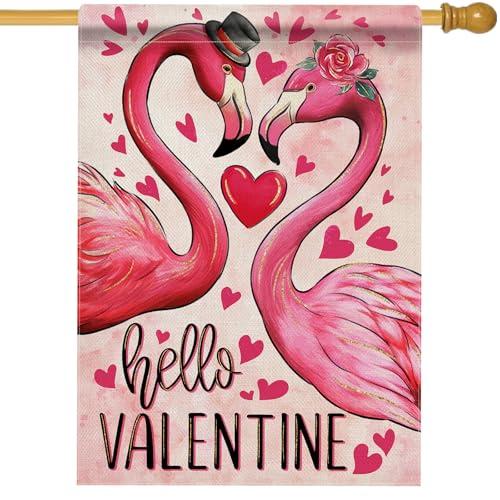 Hzppyz Hello Valentines Day Flamingo House Flag Double Sided, Pink Red Love Heart Rose Decorative Garden Yard Outdoor Large Decor, Anniversary Wedding Holiday Burlap Home Outside Decoration 28 x 40