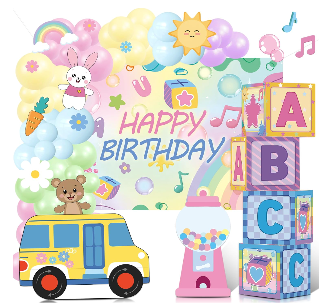 READIGO Girls Birthday Party Decorations, 4PCS Rainbow ABC Boxes with Colorful Preppy Birthday Backdrop and Balloon Garland for Baby Shower, Preschool Theme Party