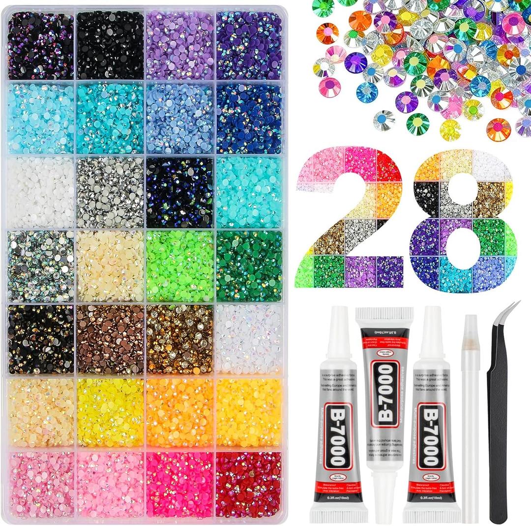 34000Pcs 28 Colors Jelly Resin Rhinestones for Bedazzling, 3mm Multicolor Flatback Gems for Crafting, Bedazzler Kit with 3Pcs 10ml B7000 Glue for Clothes Shoes Nail Diamond Art Makeup
