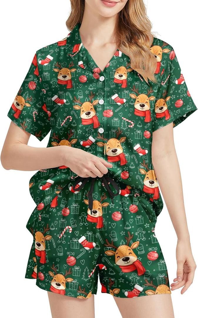 Womens Pajamas Set 2 Piece Satin Short Sleeved Pjs Button Notch Collar Loungewear Party Sleepwear Sets (Green, M)