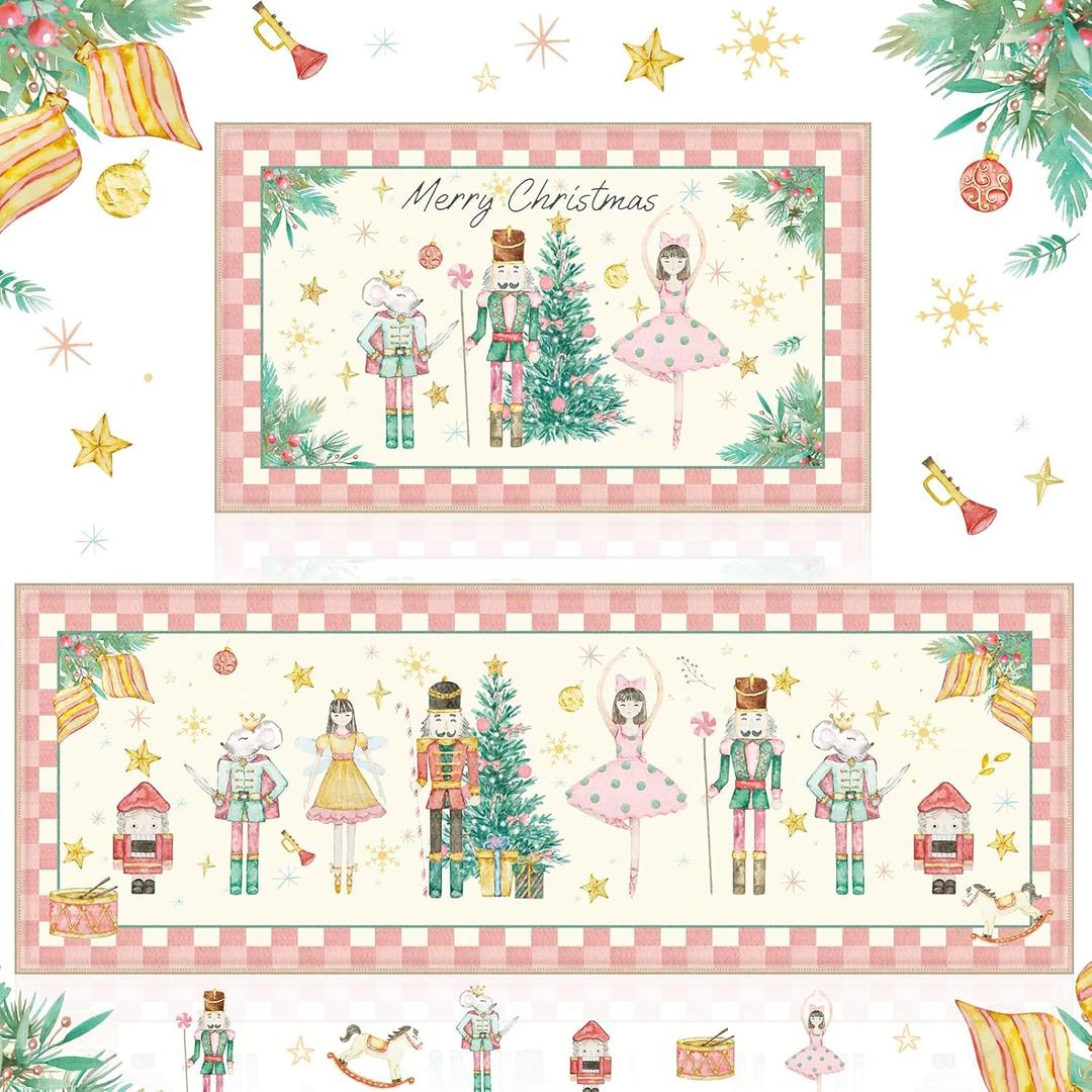 Duraaamo Set of 2 Christmas Nutcracker Kitchen Mats Cute Christmas Bathroom Rug Non Slip Floor Mat for Kitchen Vintage Farmhouse Xmas Indoor Outdoor (Pink)