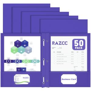 Two Pocket Folders, RAZCC 50 Pack Two Pocket Folders with Prongs, 3 Prong Folders Fit Letter Size Paper, Pocket File Folders for School Office Home Business, Purple