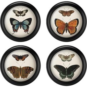 Beeveer 4 Pcs 7 Inch Vintage Round Wood Framed Butterfly Wall Art Insect Illustration Prints Picture Butterfly Art Wooden Wall Hanging Picture Frames for Living Room Bedroom Home Decor