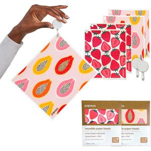Papaya Reusable Paper Towels 4-Pack - 4 Sheets + 2 Hooks, Quick Drying, No Odor, 1 Sheet Replaces 17 Rolls, Washable Kitchen Cloth, Sustainable Dish Sponge, Eco Friendly Gift (Fruit Cocktail)