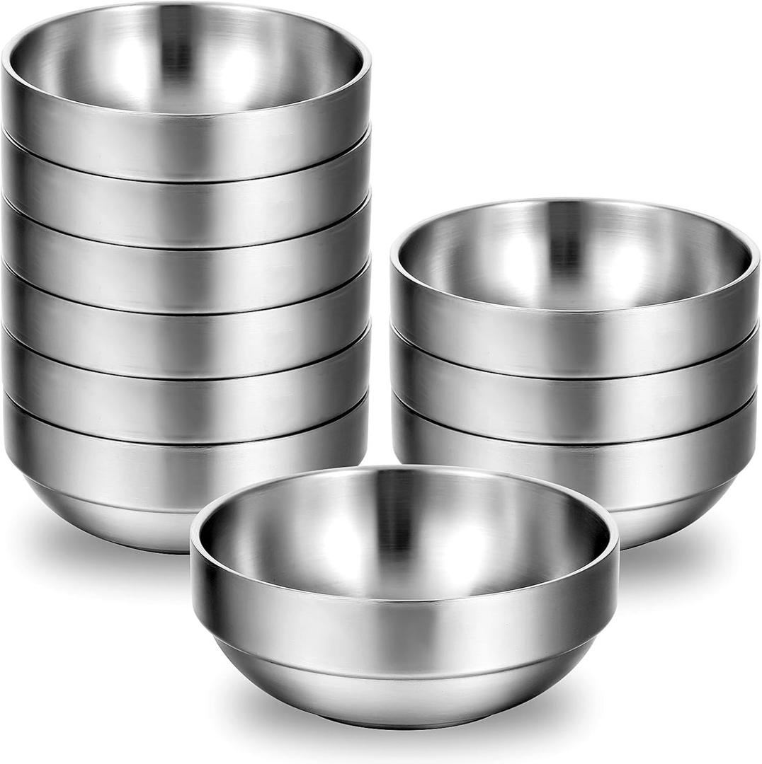 MAQUITA 10 Pack Stainless Steel Bowls 4.5 Inch Snacks 10 Oz Lightweight Salad Bowls Double-walled Metal Serving Dishes for Sauces, Rice, Noodle, Ice Cream