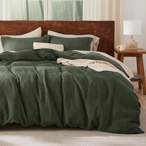 Bedsure Waffle Duvet Cover King - Moisture-Wicking Cotton Blend Rayon Derived from Bamboo Duvet Cover Set for Hot Sleepers, Cooling Bedding Set with a Vintage Charm, 3 Pieces (Olive Green, 104"x90")