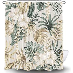 Tropical Plant Flower Shower Curtain for Bathroom, Vintage Sage Green Palm Leaves Beige Fabric Shower Curtains Set, Cute Floral Greenery Botanical Restroom Decor Accessories with Hooks (72X75)