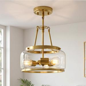 kudos 11.81 Inch Semi Flush Mount Ceiling Light, Brushed Gold Modern Glass Drum Light Fixtures, 3-Light Ceiling Light Fixture for Entryway Kitchen Bar Laundry Room, KDCL19-GD