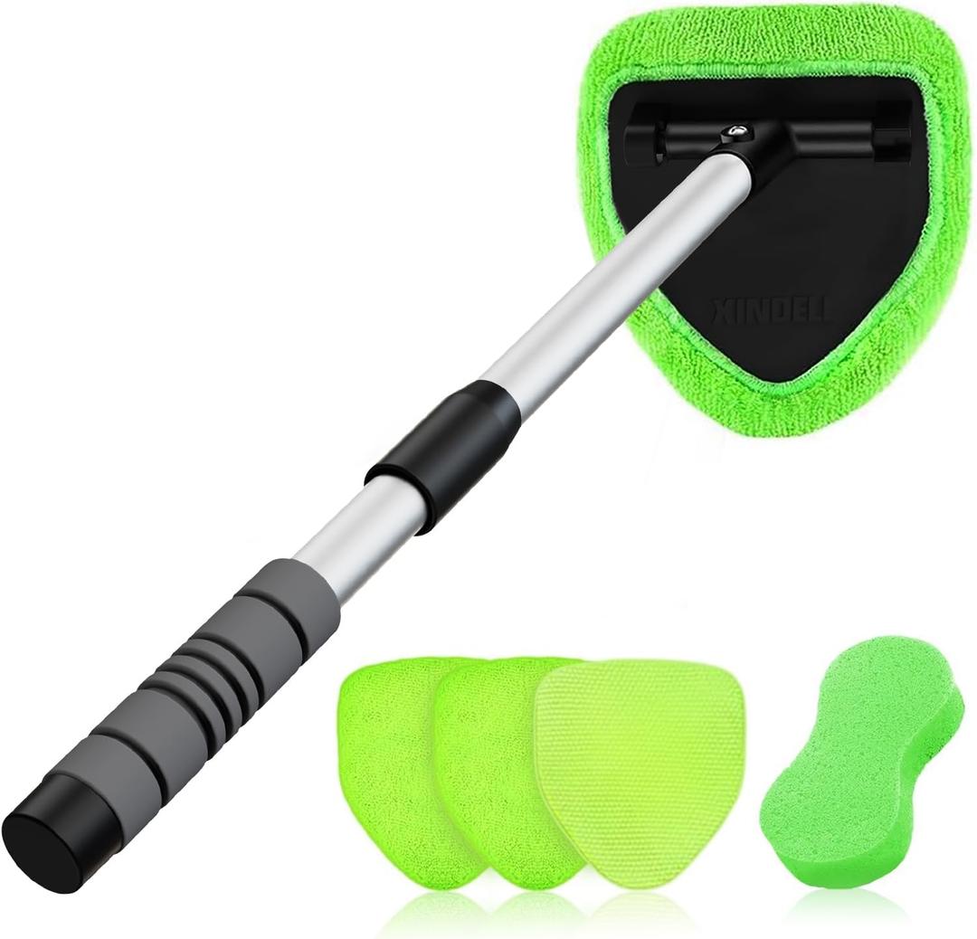 XINDELL 24-inch Windshield Cleaner Tool  Upgrade Large Head Car Interior&Exterior Window Cleaning Kit with Extendable Handle & 4 Microfiber Pads, Auto Wiper Brush for Car, Trucks, SUVs, RVs & Home