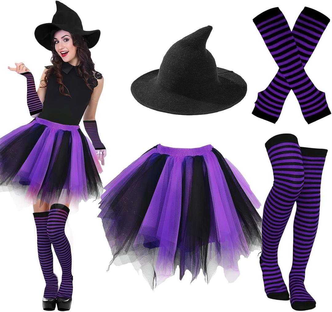 Ibeauti Halloween Witch Costumes for Women Gothic Cosplay Witch Hat Tutu Skirt Striped Knee High Socks Arm Warmers Set (Black Purple)