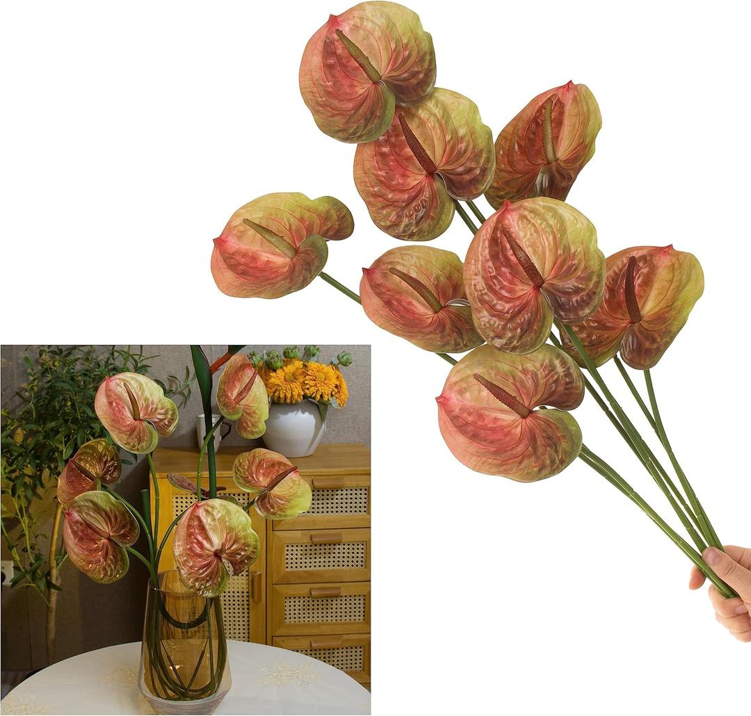10pcs Artificial Anthurium,28 Inch Faux Tropical Plants Tailflowers,Realistic Flamingo Flower for Home Decor Centerpiece Wedding Bouquet Bonsai,Autumn Color