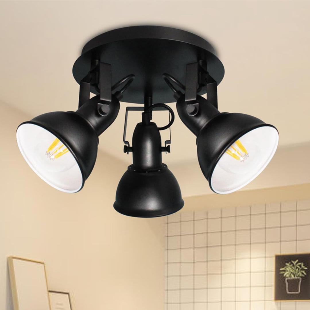 HiBay Ceiling Light Fixtures, 3Lights Adjustable LED Spotlight, Industrial Track Lighting Black with Round Plate for Kitchen, Living Room, Office, E26 Base, Black (Bulbs Not Included)