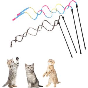 Cat Wand Toy Set, Interactive Cat Wand Toy with Rainbow Ribbon String, Rainbow Cloth String, Leopard Print Cloth String for Small Cats Kittens Indoor Training Catcher(4 Packs)