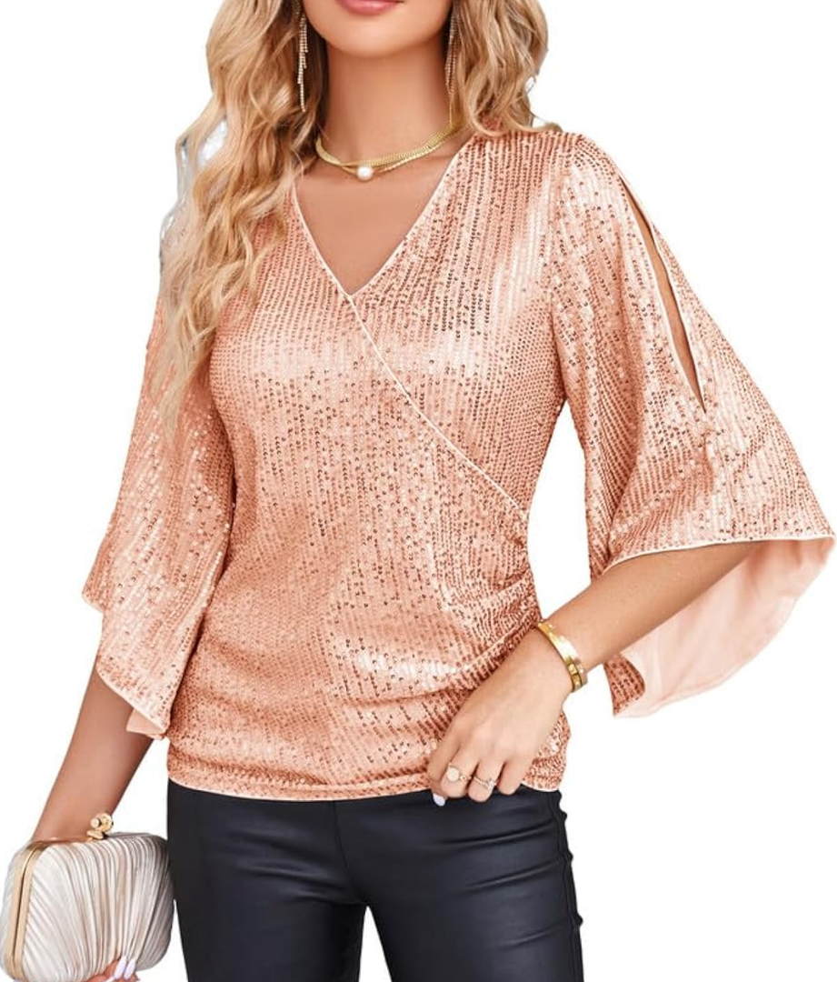 GRACE KARIN Womens Sparkly Sequin Tops,3/4 Sleeve Glitter Party Dressy Blouse,V-Neck Disco Evening Club Concert Shirt Size 2XL
