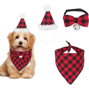 ADOGGYGO Christmas Dog Bandana Hat Bow tie Set  Classic Red Plaid Pet Xmas Scarf Hat Christmas Costume Outfit for Large XLarge Dogs Pets (XLarge)