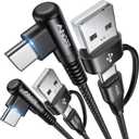 AINOPE 60W 4 in 1 Charging Cable for iPad & USB C Devices, Right Angle Type C Cord Carplay Cable Fit iPhone 16 Pro Series, 2 Pack 6.6Ft Black