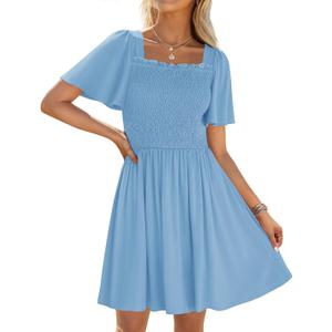 ZESICA Women's 2026 Summer Casual Mini Dress Flutter Short Sleeve Square Neck Smocked Tiered Ruffle Flowy Dresses (Blue, M)
