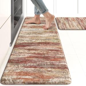 KIMODE Anti Fatigue Kitchen Mats, Farmhouse Kitchen Rugs Sets of 2, Non Slip Kitchen Mats for Floor, Cushioned Kitchen Floor Mats for Sink Laundry Office Desk Red Brown 17"x47"+17"x29"