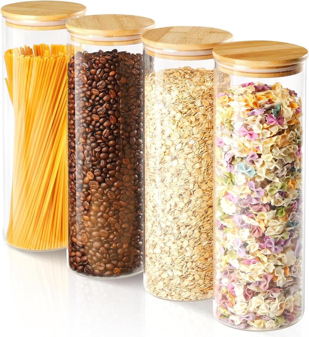 60oz Glass Storage Containers with Lids for Pasta Spaghetti, Tall Glass Jars with Airtight Wood Lids, Kitchen Food Storage Pantry Jars, For Cookies Flour Cereal Sugar Tea Coffee Beans (Set of 4)