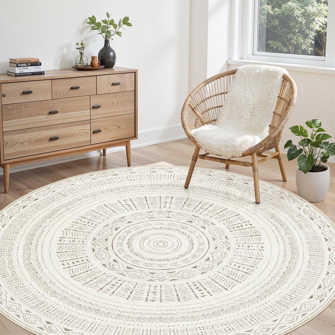 cotiled 6x6 Round Area Rugs Living Room Rug: Washable Boho Rugs with Non Slip Backing Large Soft Indoor Stain Resistant Carpet for Bedroom Farmhouse Dining Room Lightweight Home Decor L Brown/Cream