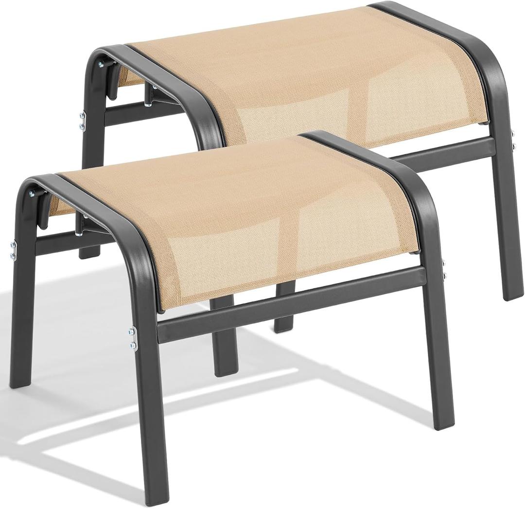 ONBRILL Outdoor Ottoman Set of 2, All Weather Outdoor Foot Stool with Supportive Textliene and Metal Frame, Stackable Oversized Outdoor Foot Rest for Furniture Patio Garden Pool, Beige, Large