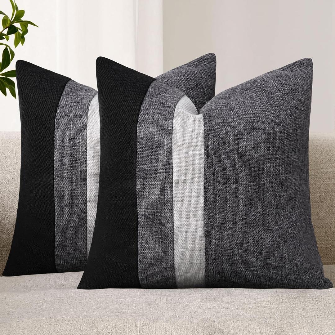 Adabana Set of 2 Linen Pillow Covers Decor Square Patchwork Throw Pillow Covers 18x18 Inch Farmhouse Cushion Covers Decorative Couch Bedroom Sofa Living Room,Grey