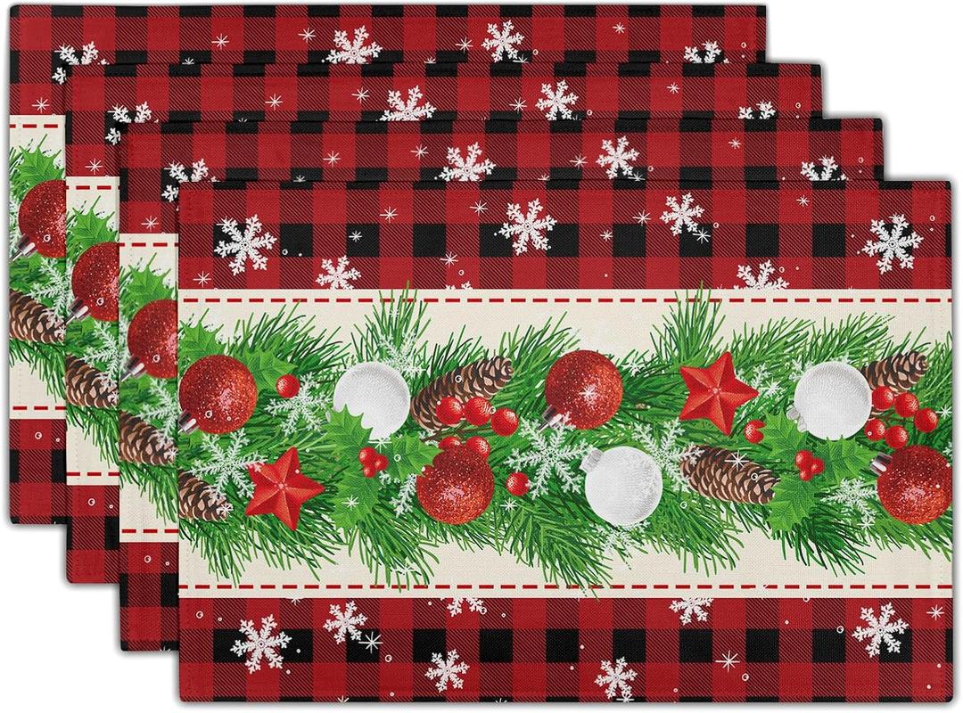 Christmas Placemats Set of 4 - Xmas Bells Place Mat 12x18 Inch Buffalo Plaid Pinecone Table Mat for Party Kitchen Dining Home Holiday Party Decor