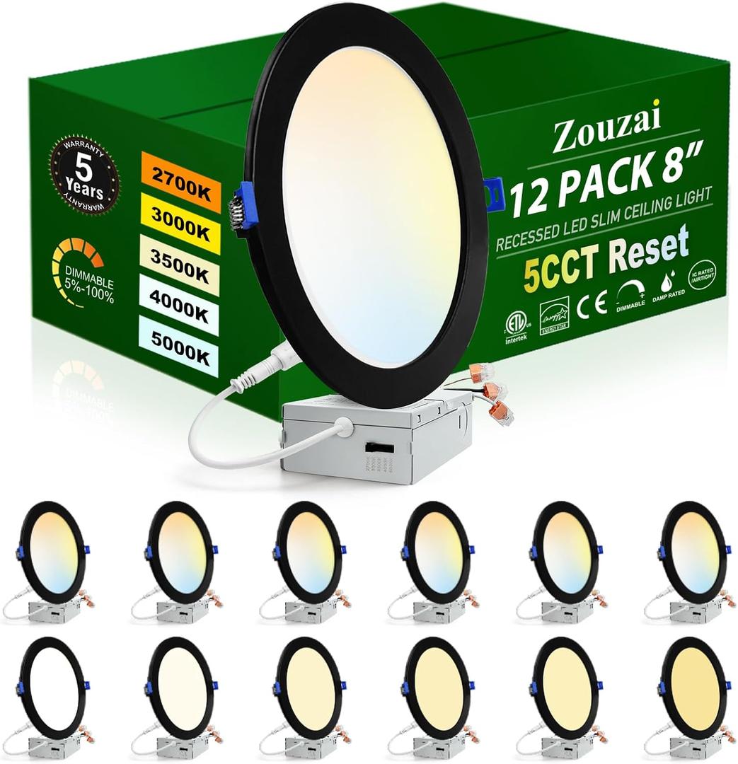 zouzai 12 Pack 8 inch 18W Eqv 150W 1685LM 5CCT Ultra-Thin LED Recessed Ceiling Light with Junction Box, 2700K/3000K/3500K/4000K/5000K Selectable,Dimmable 5%-100% - ETL and Energy Star Certified