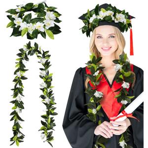 2 Pcs 2025 Hawaiian Graduation Lei 6.56 ft and Flower Headband 2025 Graduation Maile Lei Necklaces Artificial with Green Leaves for Grad Hawaiian Luau Party Wedding Summer Party Supplies